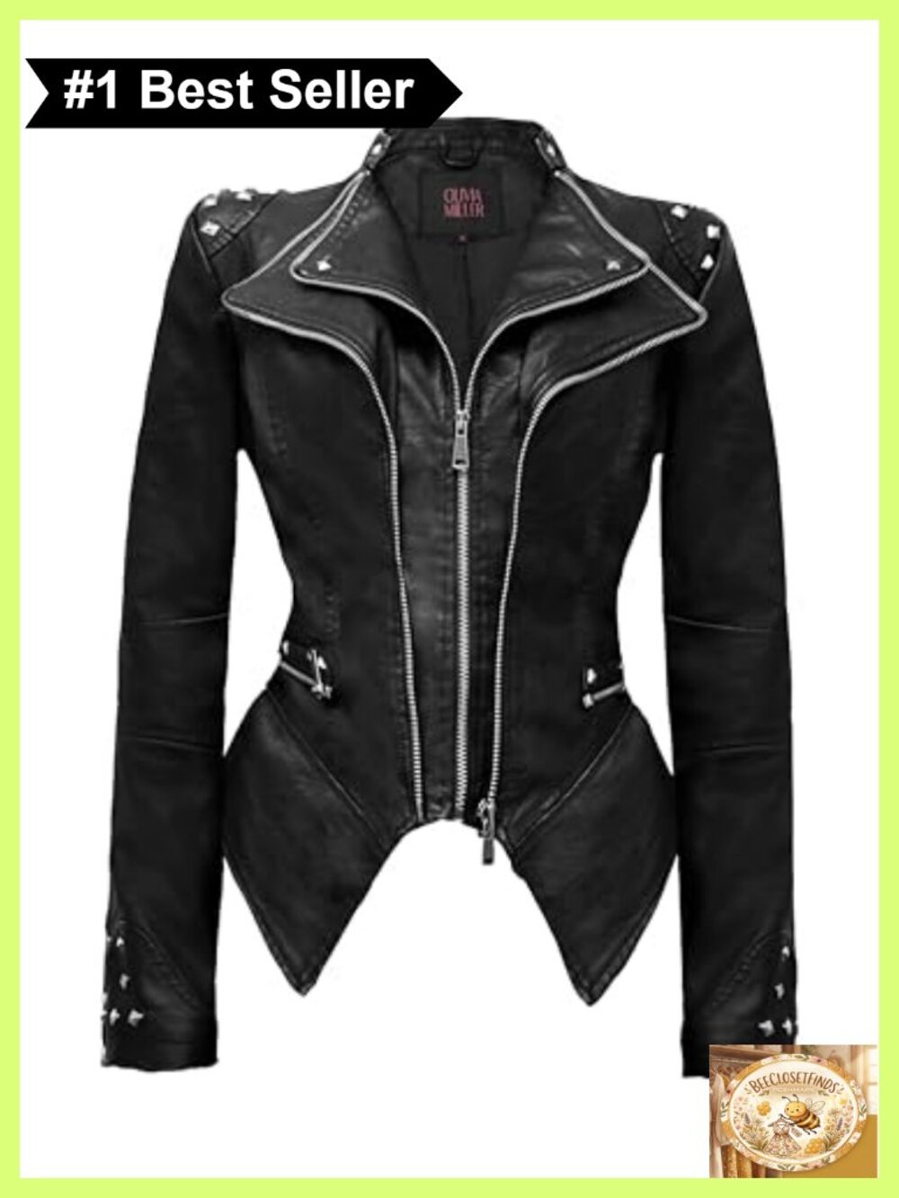 Faux Leather Moto Biker Jacket Rivet Lapel Swallow Tail Hem